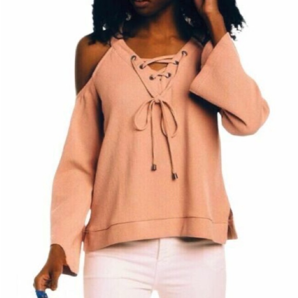 JOA Los Angeles peach lace up front cold shoulder top bell sleeve cotton loose L